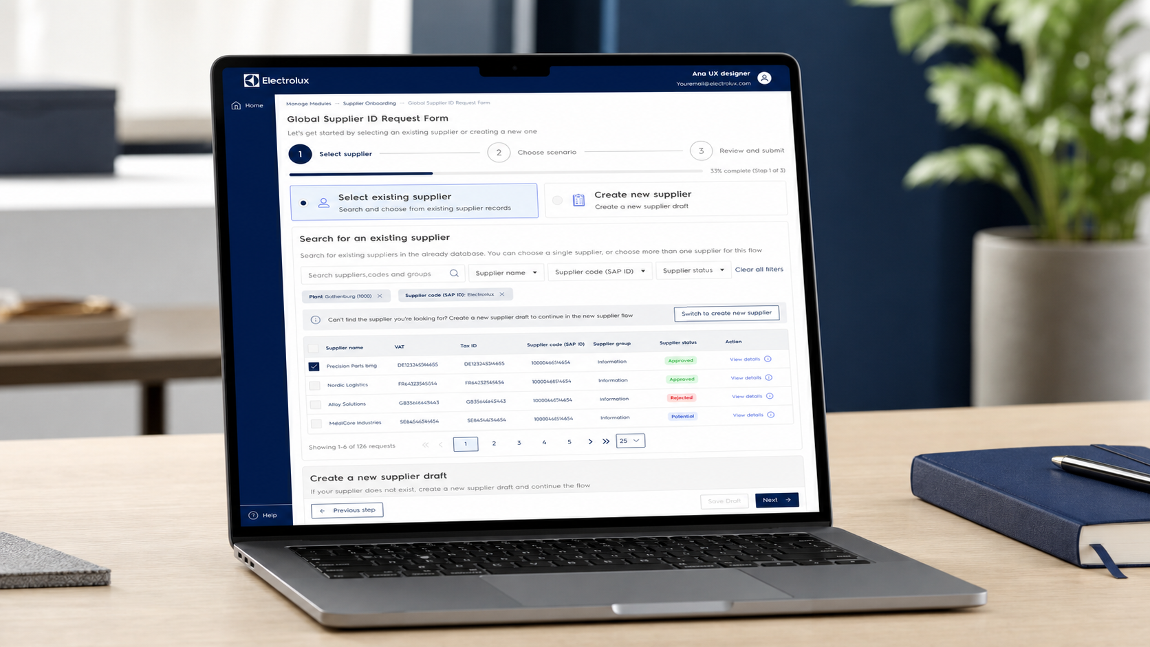 Electrolux Europa. Redesenho de onboarding, solicitações e acompanhamento de fornecedores em um ecossistema com múltiplos perfis, plantas e aplicações.